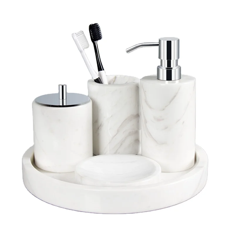 Faith Stone 5-Piece Luxury Jazz White Marble Bathroom Accessories Set Hot Jazz White Marble for Elegant Bathroom Decor