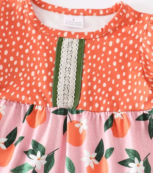 summer boutique short sleeve new children clothing oranges print lace hem dress deep green ruffle trousers girls clothing sets