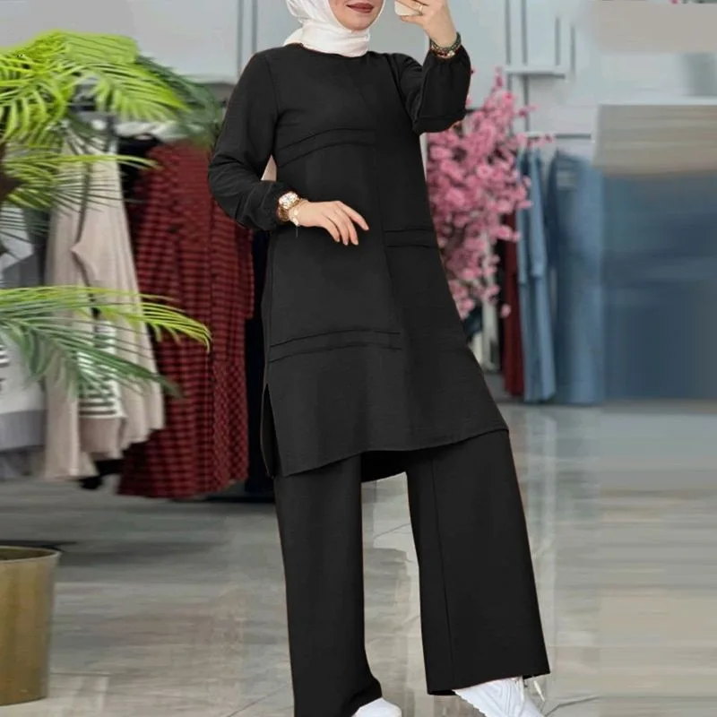 Islamic Clothing Plus Size Muslim Tunic And Pants 2pcs Set Arabic Middle East Solid Ramadan Long Sleeve Ladies Women Suit