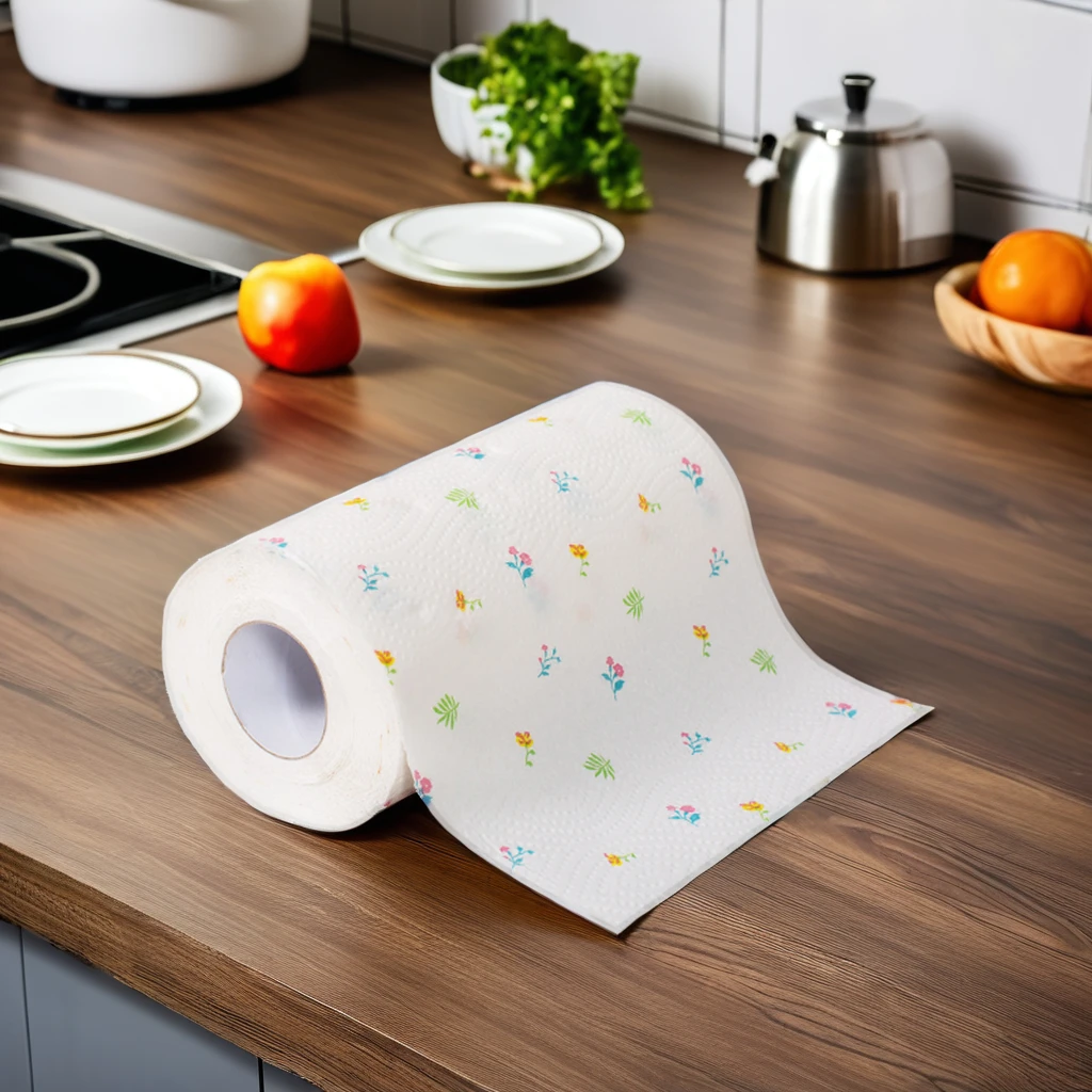 Wholesale Ultra Soft Disposable Kitchen Paper Towel Roll Custom Logo Printed Pattern 2-Ply Virgin Wood Pulp Layer
