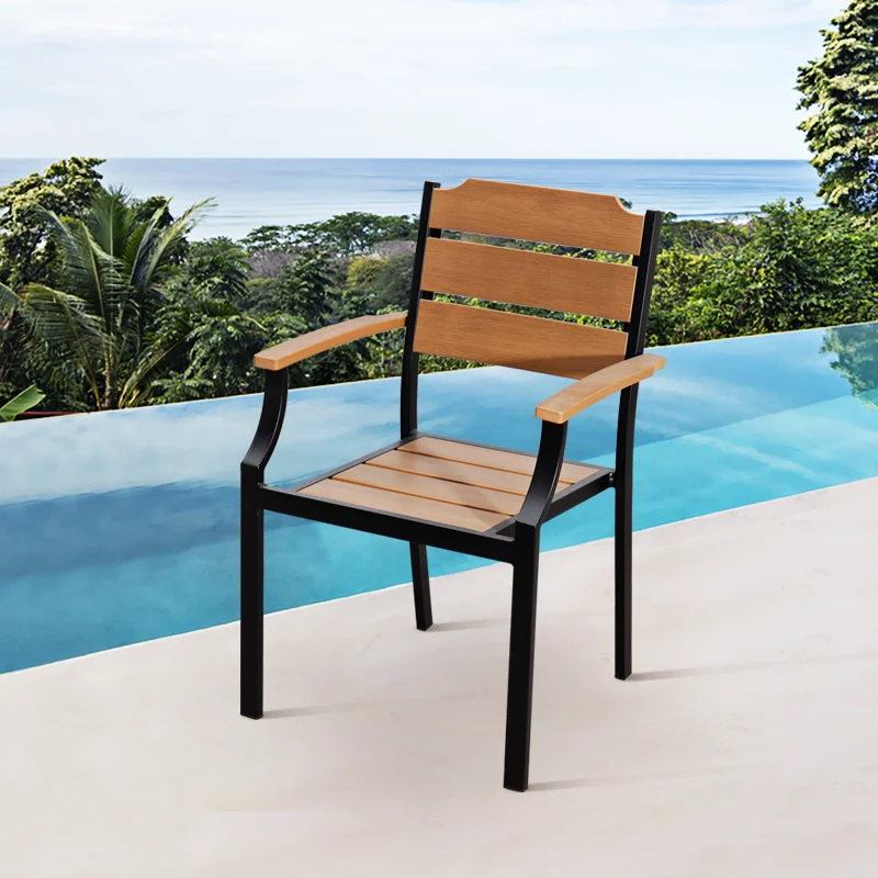 Modern Outdoor Patio Aluminum Restaurant Furniture Garden Plastic Wood Dining Chair with Faux Teak Slats