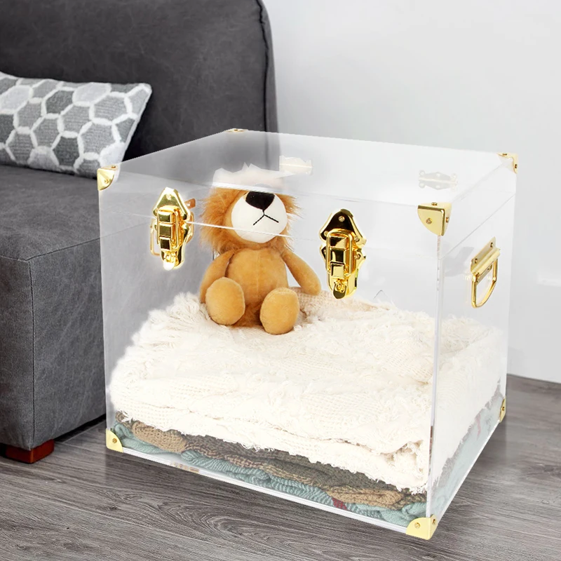 Acrylic trunk home organizer storage box with lid and gold lock accessories