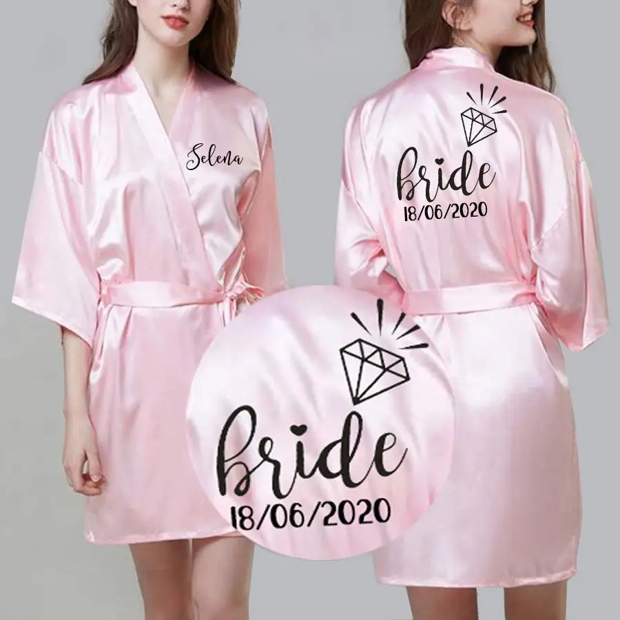 Custom Logo Wedding Date Name Faux Silk Satin Kimono Robe Bridesmaid Bridal Short Women Robes