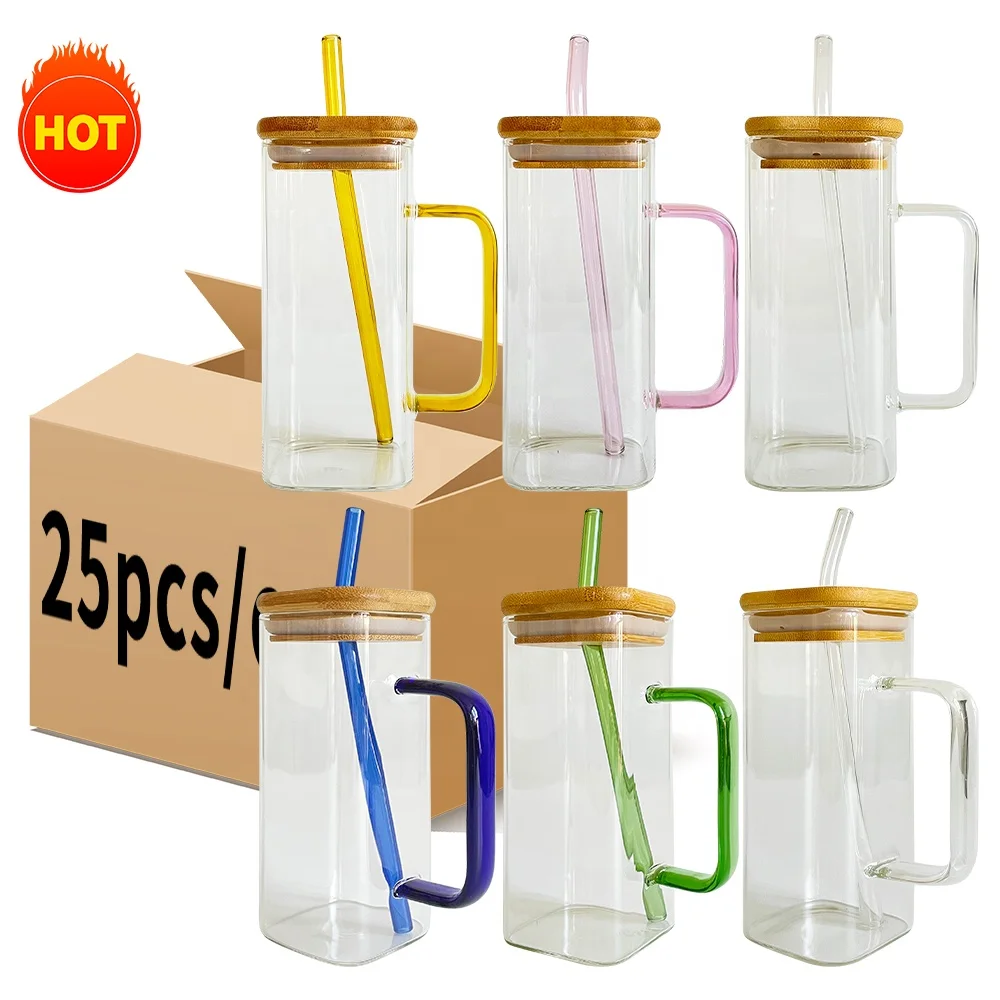 wholesale bulk Recyclable transparent square glass mugs with bamboo lid Unbreakable Drinking Glass Straw Cup