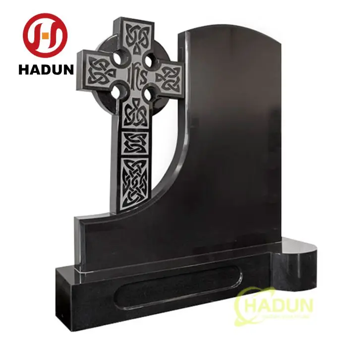 Portugal Style Large Double Bases Absolute Black Marble Granite Headstones Tombstones with Cross Design