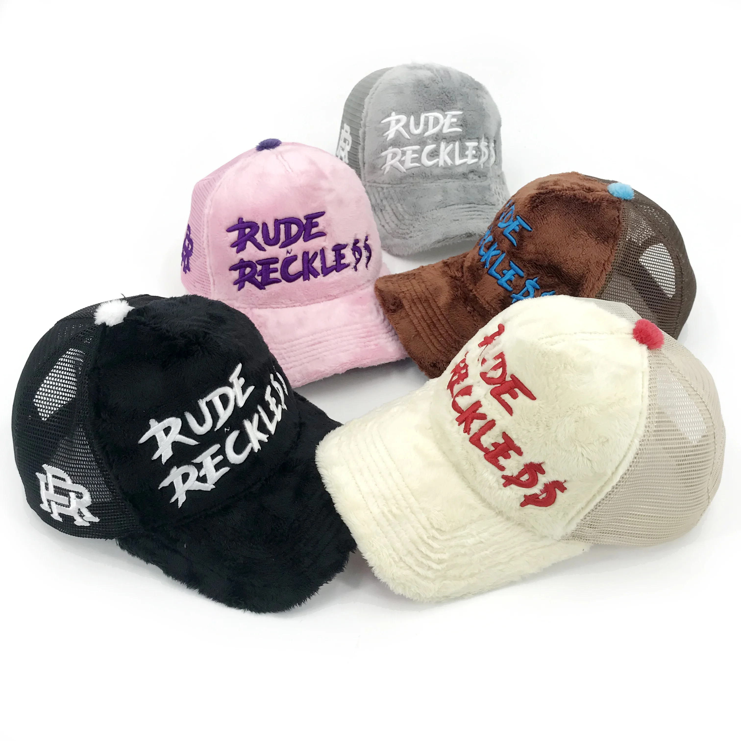 Factory New Design Fur Fuzzy Velvet Trucker Cap Custom 3D Embroidery Logo A Frame Style Winter Velvet Sport Hats