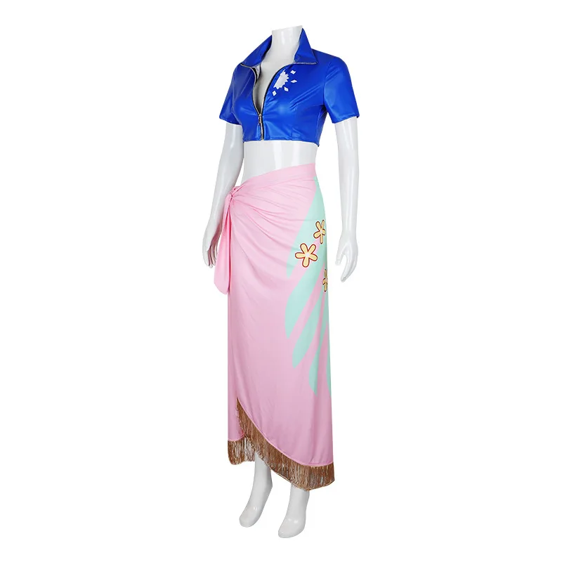 Nico Robin Cosplay Costume Top and Floral Pattern Wrap Skirt Women Cosplay Costume Outfit Decorated with Tassel