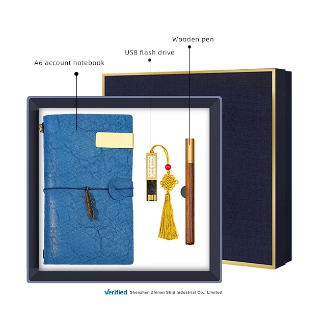 Innovative giveaways new product ideas 32GB USB flash drive with Chinese knot brass wood pen A6 plain notebook luxury gift set