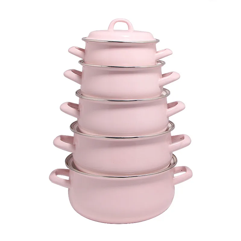 Five-Piece Household Ceramic Enamel Pot Set Two-Ear Stew and Soup Pot Fashion Simple American Style Multi-Functional