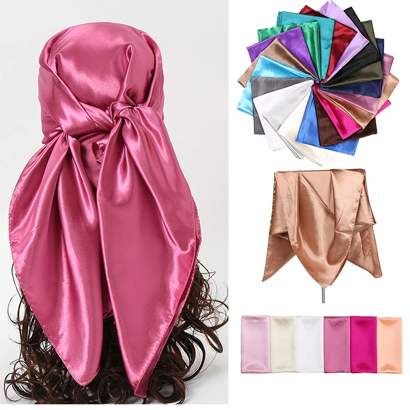 90*90cm Women Lady Silky Shawls Pure Color Headwraps Silk Satin Large Square Head Scarf Bandanas
