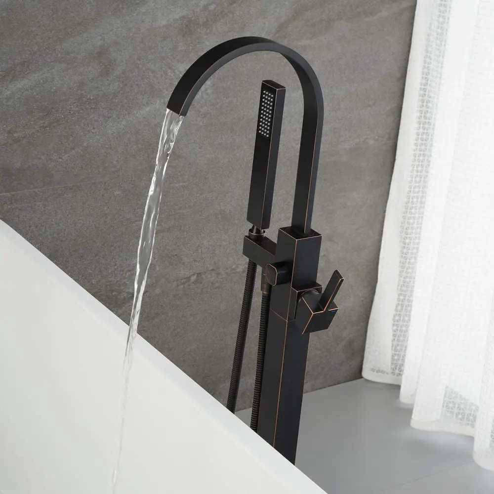Matte Black Single Handle Floor Standing Bath Faucet Freestanding Bathtub Handheld Shower Set