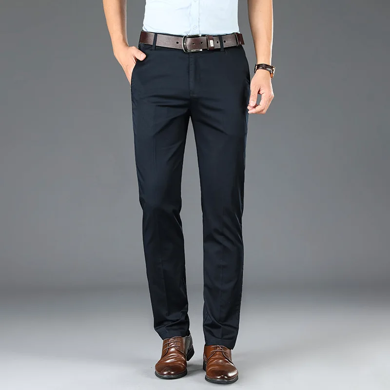 
Quality Casual Flat Front Stretch Chinos Men Blue Slim Fit Cotton Trousers 