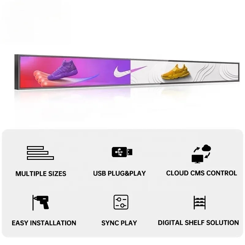 Customized Shelf Edge Digital Signage Ultra Wide Stretch Bar Lcd Display Monitor Advertising Screen For Retail Shop