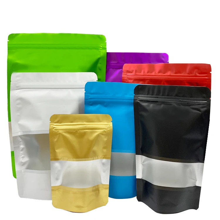 New style colorful stand up pouch with windows and zipper coffee bag packing With Tearing Notch for Herbs, coffee, tea