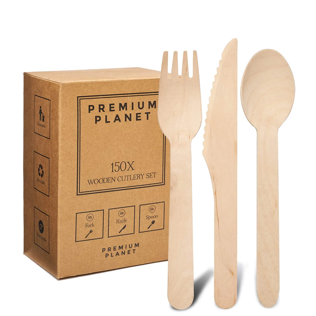 100% Biodegradable Compostable Birch Wood Palm Leaf Disposable Wood Bamboo Cutlery Utensil Fork Spoon Plate Set