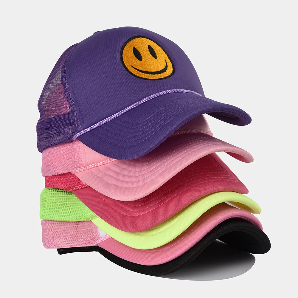 Low moq small order hat vendor gorras wholesale stock  embroidery logo happy face mesh cap smiley trucker hat custom