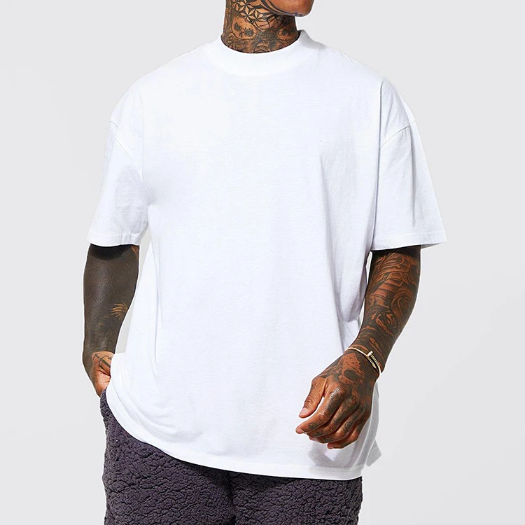 Custom High Quality Men Mock Neck Plus size T-Shirt 100% Cotton Heavyweight Luxury Drop Shoulder Blank T-Shirt For Men