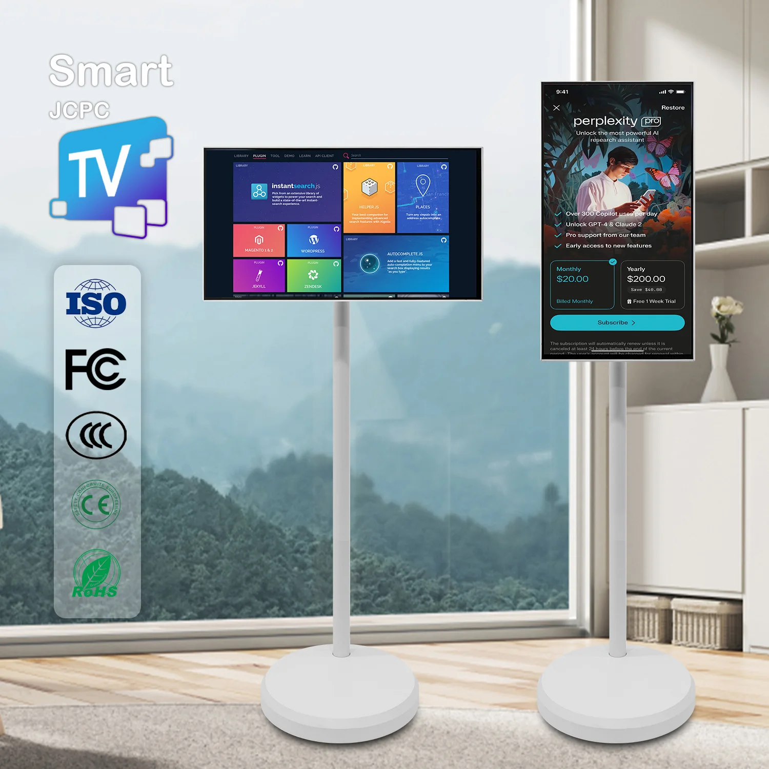 Portable Tablet Tv 21.5 Inch Touch Display Ips Screen Rotate Usb Wifi Floor Standing Smart Tv For Work Studying Workout Gaming