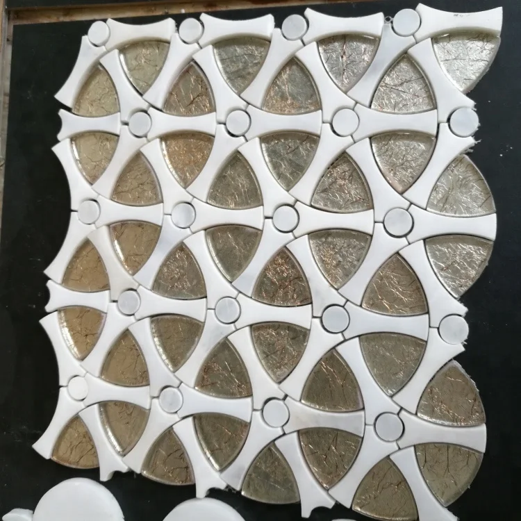 Gear Shape Design Mosaic Tile White Marble Mix Gold Waterjet Pattern Mosaic Tile for Home Wall Decor