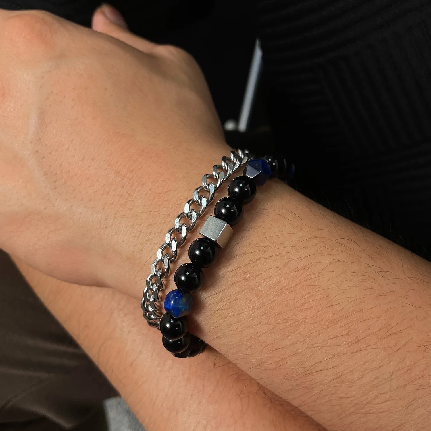 Tendency Luxury Stainless Steel Natural Blue Tiger Eye Stone Bracelets Healing Crystal Bracelet For Men