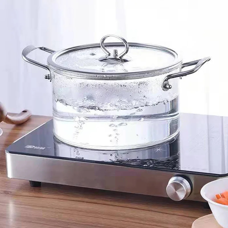 new design borosilicate clear glass cooking pot cookware set Stainless steel handle