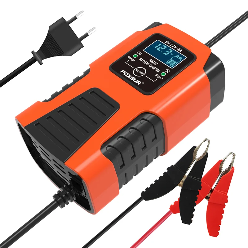 Foxsur Automatic Car Battery Charger 6V/12V 2Amp with LCD Display Intelligent Battery Charger