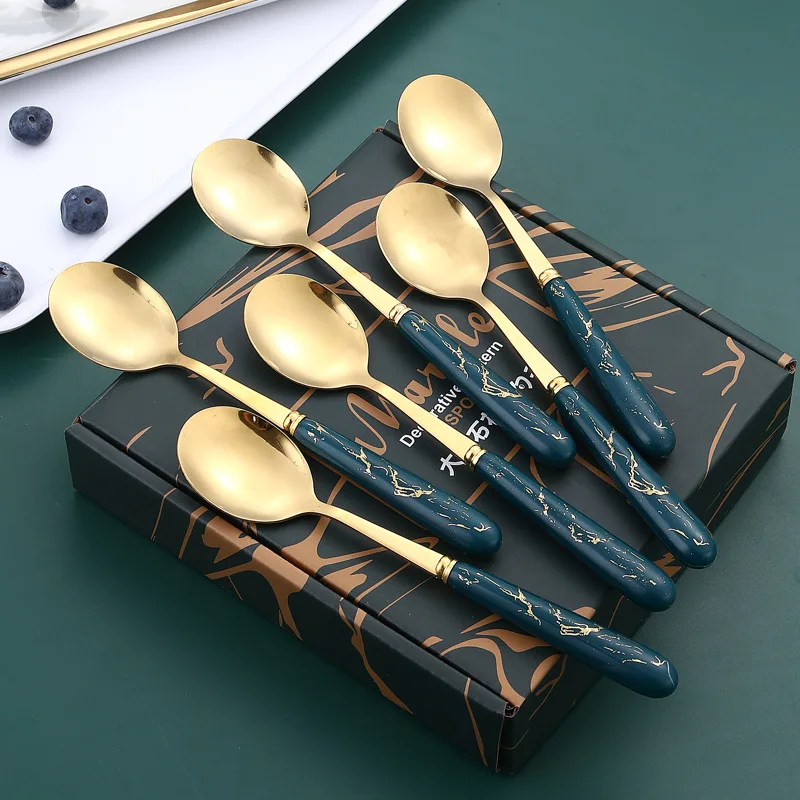 Dark green marble spoon stainless steel high appearance gift box ins plastic handle Nordic vintage dinnerware set wholesale