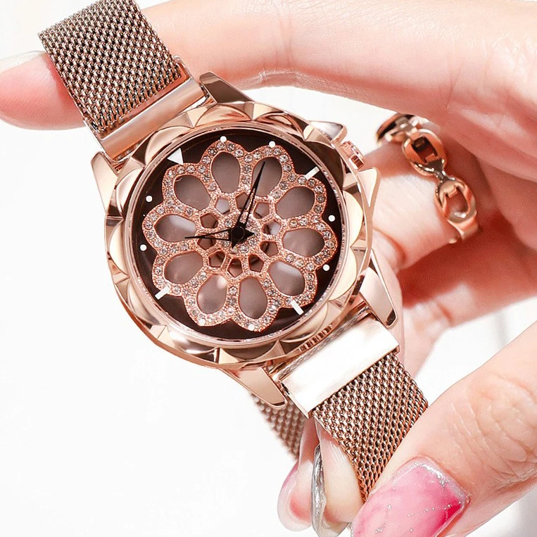 
Women Watch Mesh Magnet 360 Degree Rotating Dial Ladies Watch Luxury Fashion Diamond Quartz Watch for Women Clock Relogio Femino 