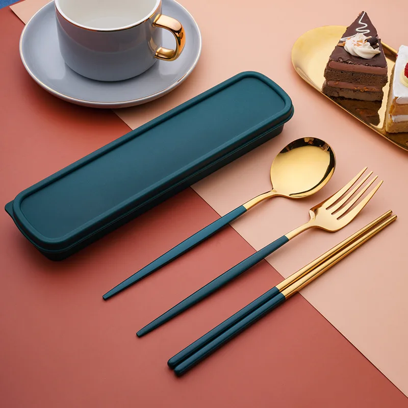Korean Style Reusable Gold Cutlery Set besteck Color Handle Portable cutlery Travel Camping set spoon fork chopstick set