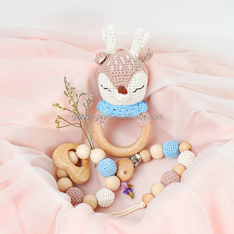 Custom Crochet Animals Cute Newborn Gift Set Wooden Teether Rattle Christmas Children  Baby Rattle Crochet Toys