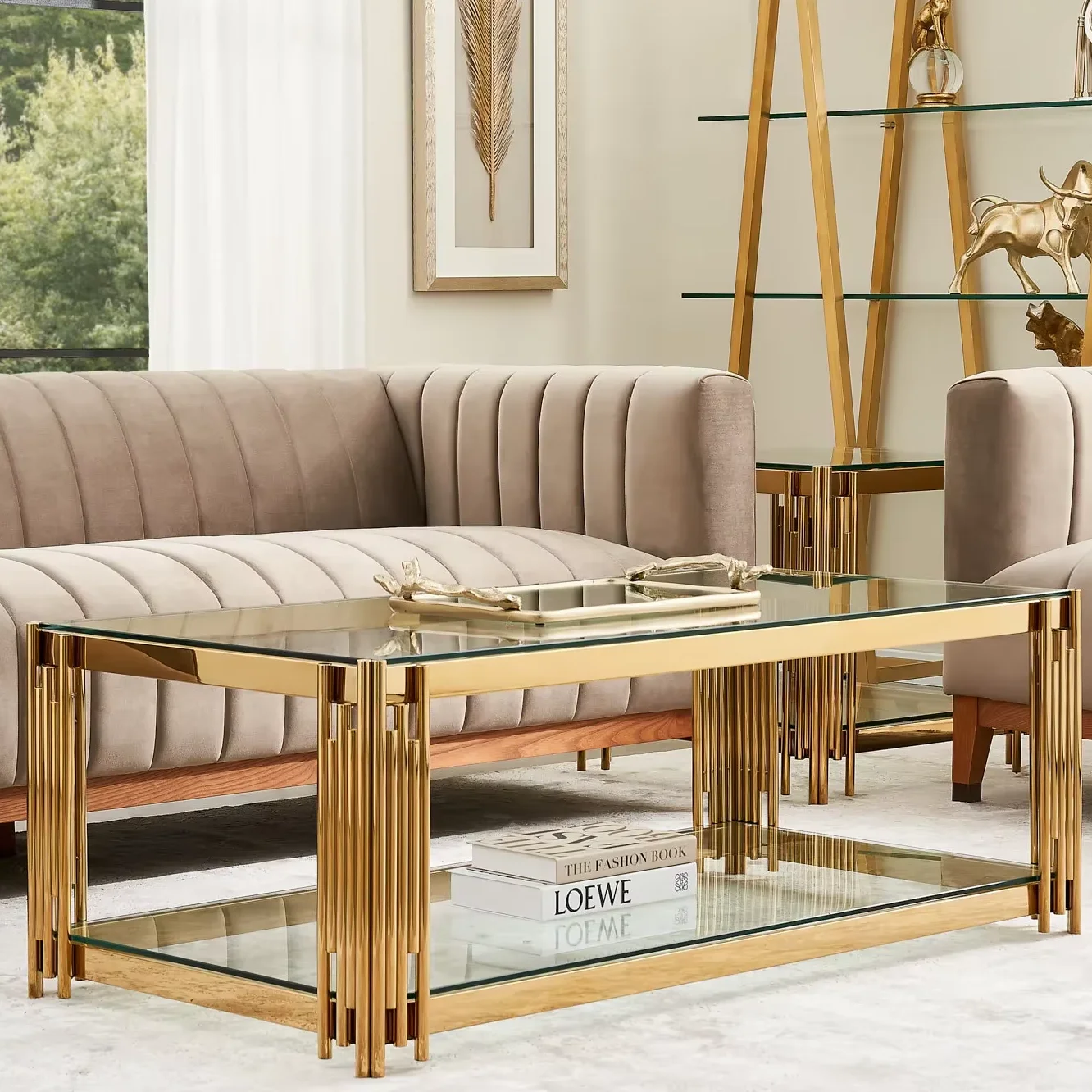 Modern Polished Gold Stainless Steel Coffee Table with Square Glass Top for Living Room Furniture