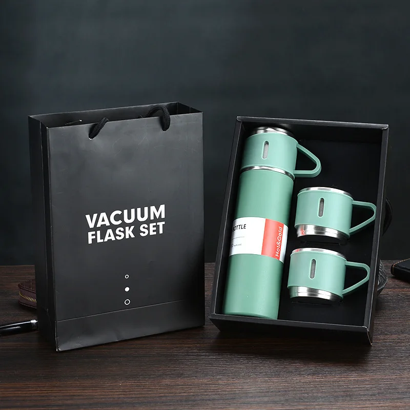 Wholesale Hot Thermos Stainless Steel Vacuum Flask Water Bottles Flask Gift Set With 3 Steel Cups And Press Button