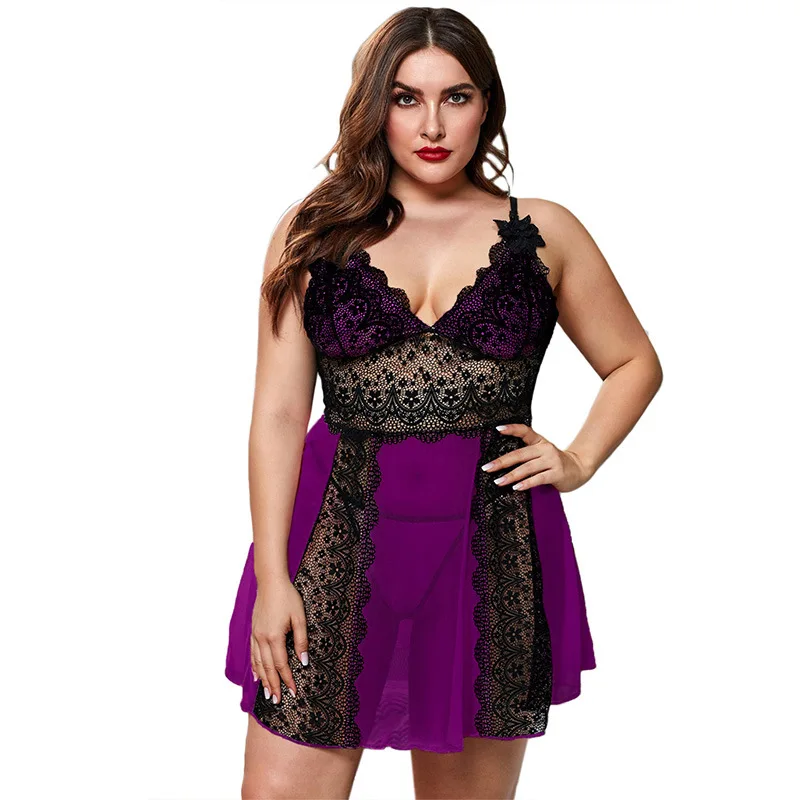 Plus Size Sexy Lace Sleepwear Night Dress Women Hollow Out V-neck Sleeveless Dress + Thong Female Nightwear Nightgown Set