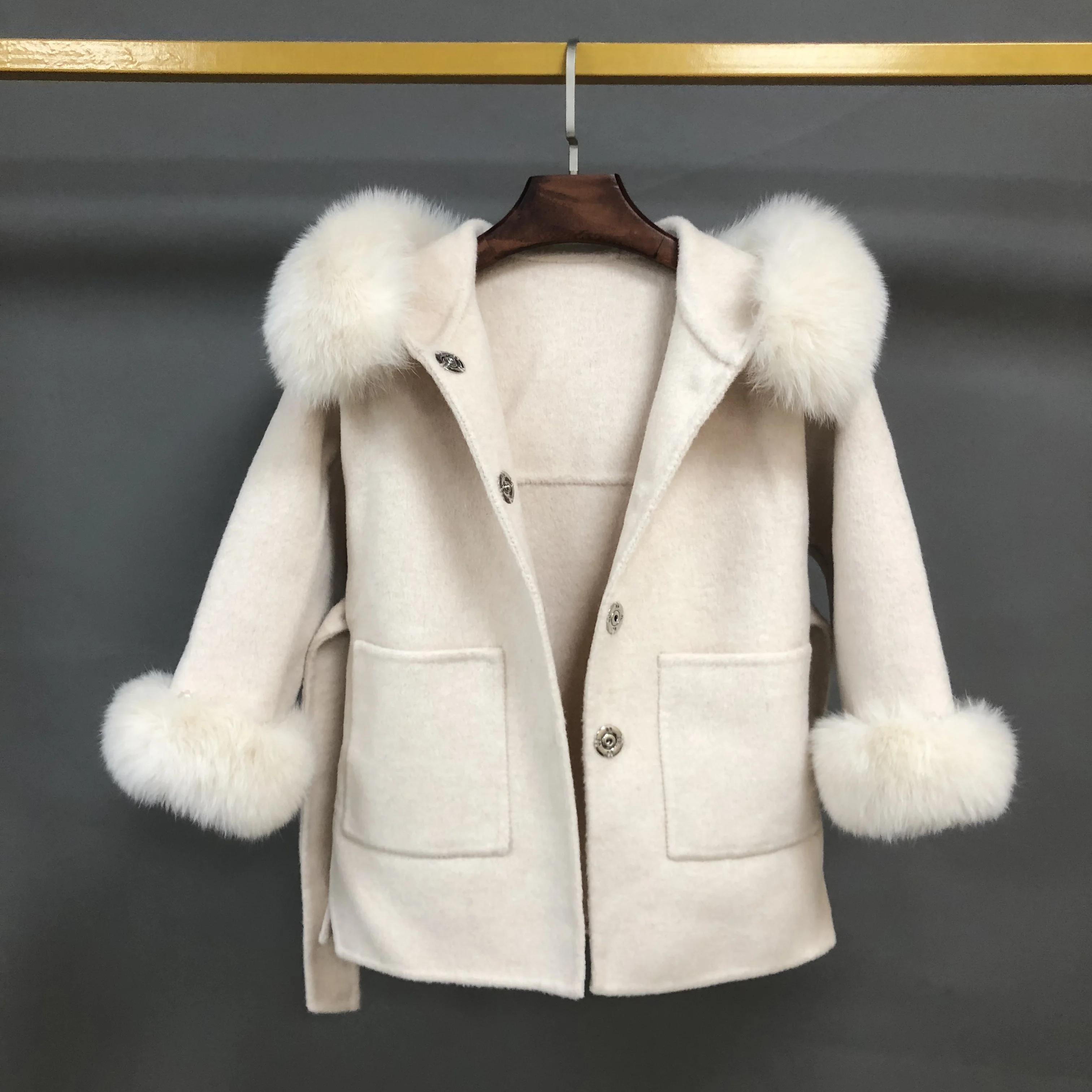 Hot Sale Children Double Face Handmade Fox Fur Collar Wholesale Girls White Kid Cashmere Coat Autumn Winter