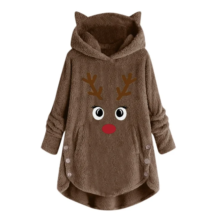 
Plus Size Tops Buttons Winter Home Casual Wear Christmas Deer Fleece Hoodies For women 