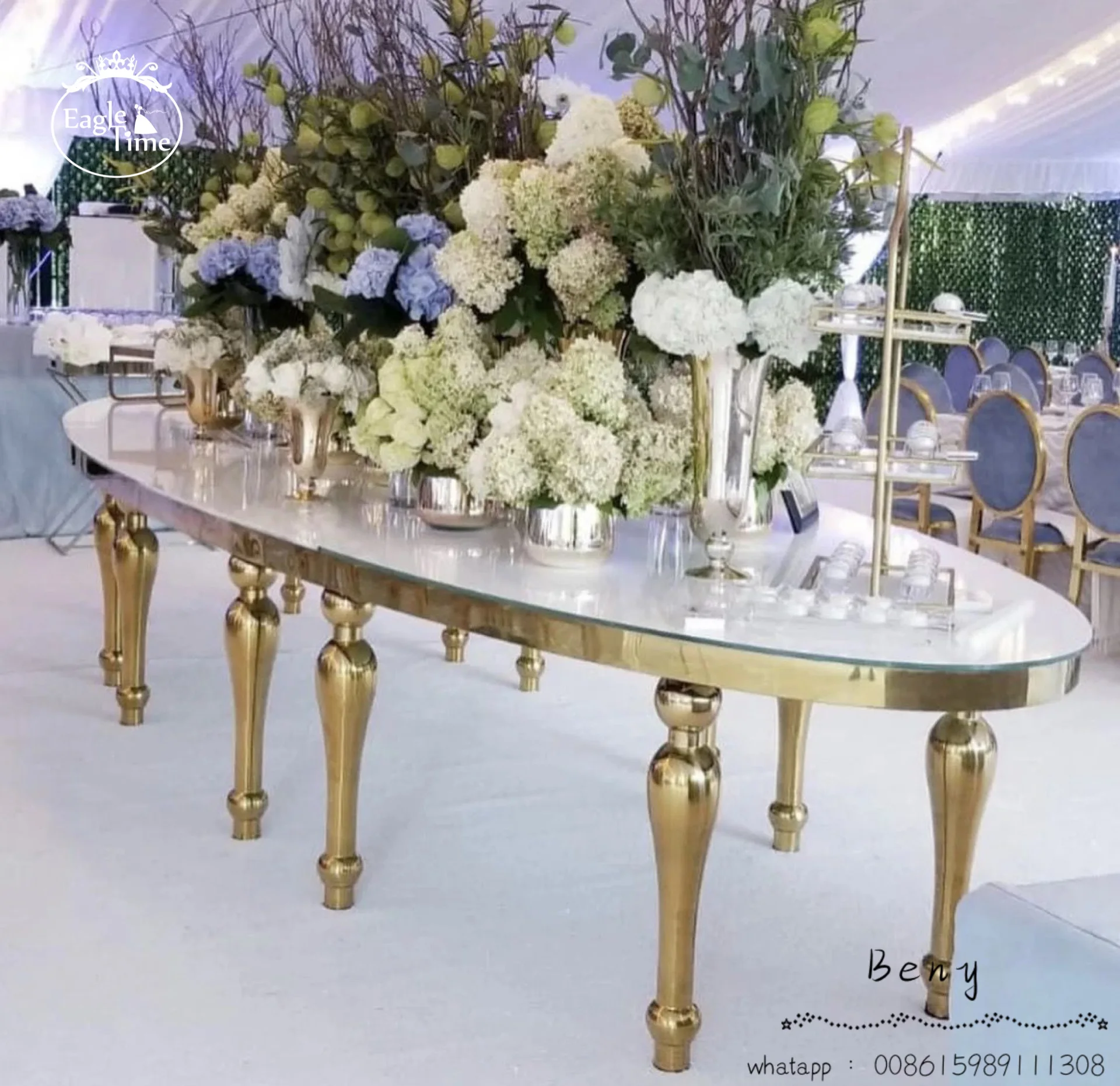 Wholesale Modern Gold Stainless Steel Glass Oval Table for Dining Banquets Parties Weddings Hotel Use