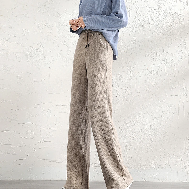 
Women Long Cotton Linen Straight Pants Drawstring Drape Wide Leg Pant Elastic High Waist Moping Female Sweater Trousers 2021 