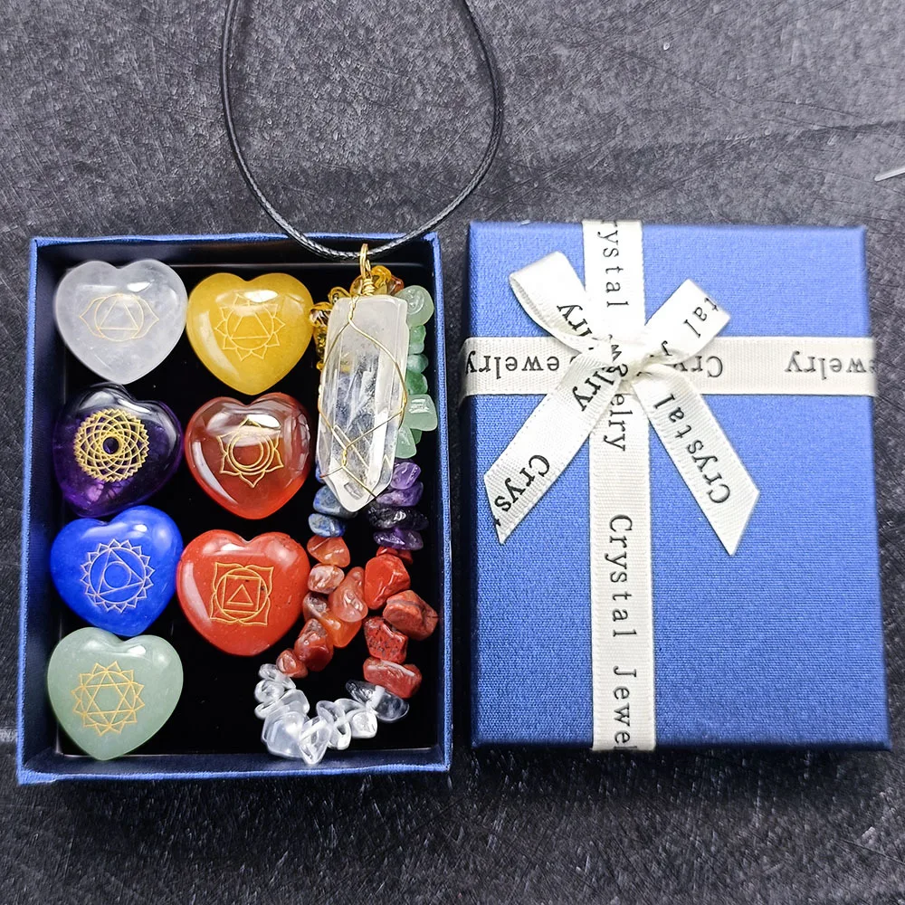 Natural 7 Color Elastic Bracelet Reiki Crystal Pendulum Pendant Heart Shape Rune Seven Chakra Set for Gift