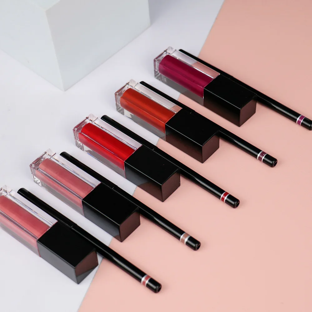 Private Label Waterproof Matte Liquid Lipgloss Set Lip Liner Pencil 2 in 1 Gloss Kit Sets