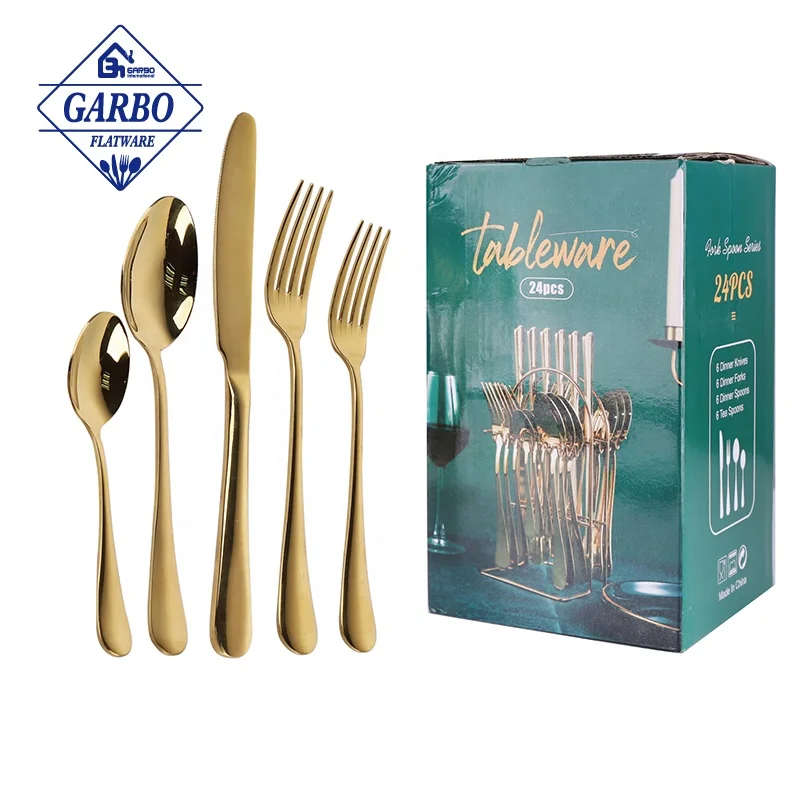 Luxury Style Shinning Gold 410ss Cutlery Set of 24pcs PVD Golden Stainless Steel Cutlery Set with Metal Stand Safe in Dishwasher