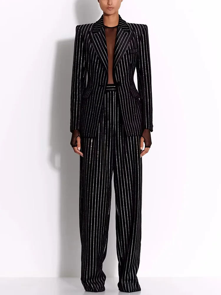 A9434 New Fashion Women Suit Rhinestone Beaded Loose Style Jacket and Trousers Set Formal Office Ladies Women Suit