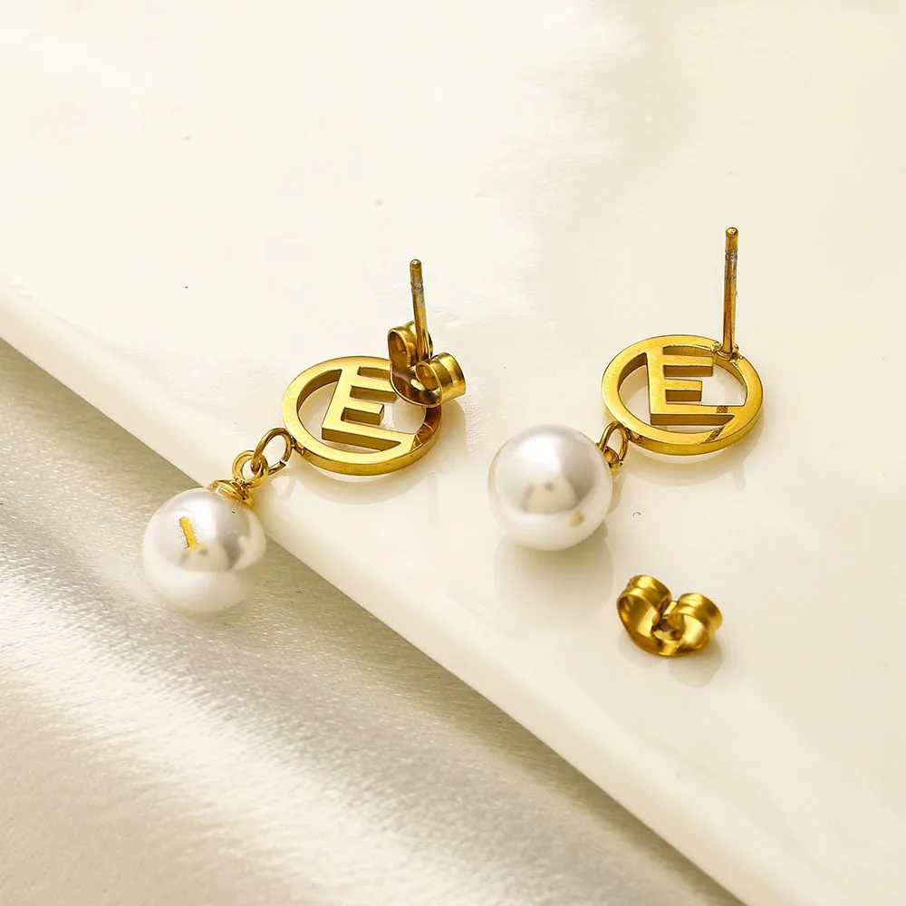 Designer Luxury Brand Stainless Steel Necklace & Earrings Set with Pearl 18K Gold Plating for Wedding Engagement Gift Giving