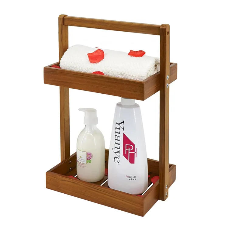 Wholesale Bathroom Countertop Organizer Shelves Stand Up Shower Basket 2 Tier Teak Wood Corner Shower Caddy