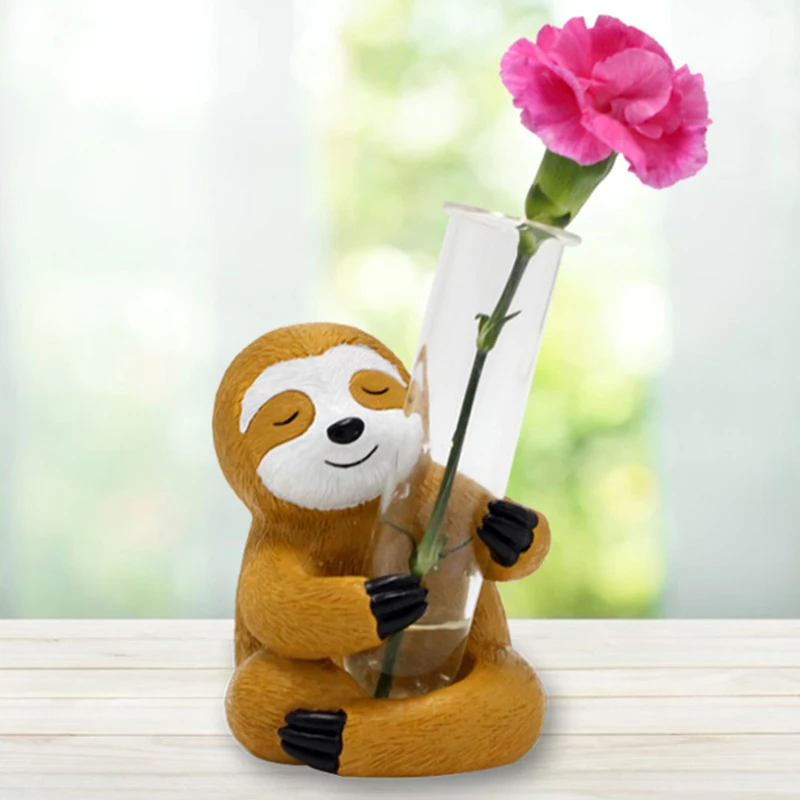 Modern Resin Sloth Holding Small Transparent Glass Tube Flower Vase