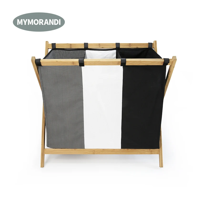 Wholesale 3 Section Foldable Bamboo Laundry Basket Sorter Laundry Hamper Dirty Clothes Bag for Big Toys