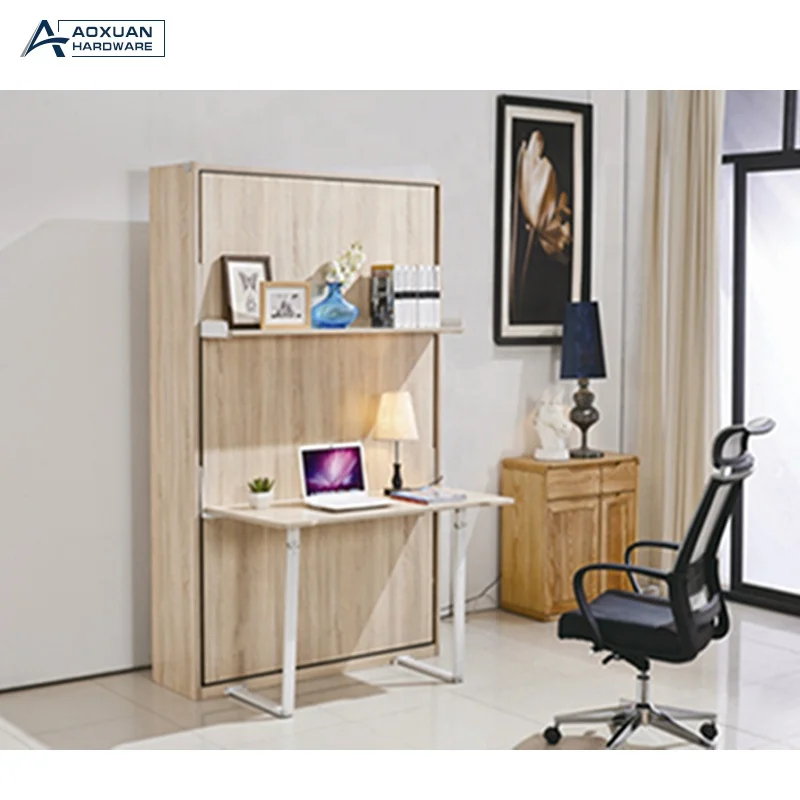 Space Saving  Double size Hidden bed frame hardware with desk and bookshelf W2