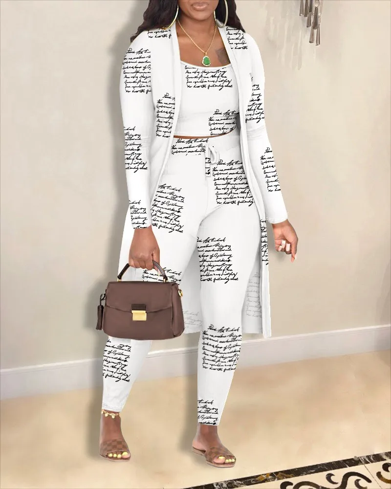 woman fall clothes 2024 Casual casual commuting cardigan pattern printed long sleeved coat 3 piece set women
