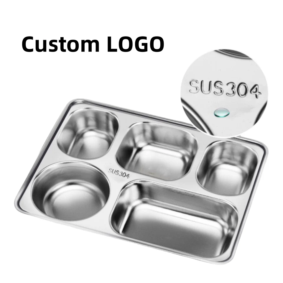 Premium Thickened Stainless Steel Dinner Plates Food Divider Dish Tray with Lid for School Canteen Restaraut Buffet Custom LOGO