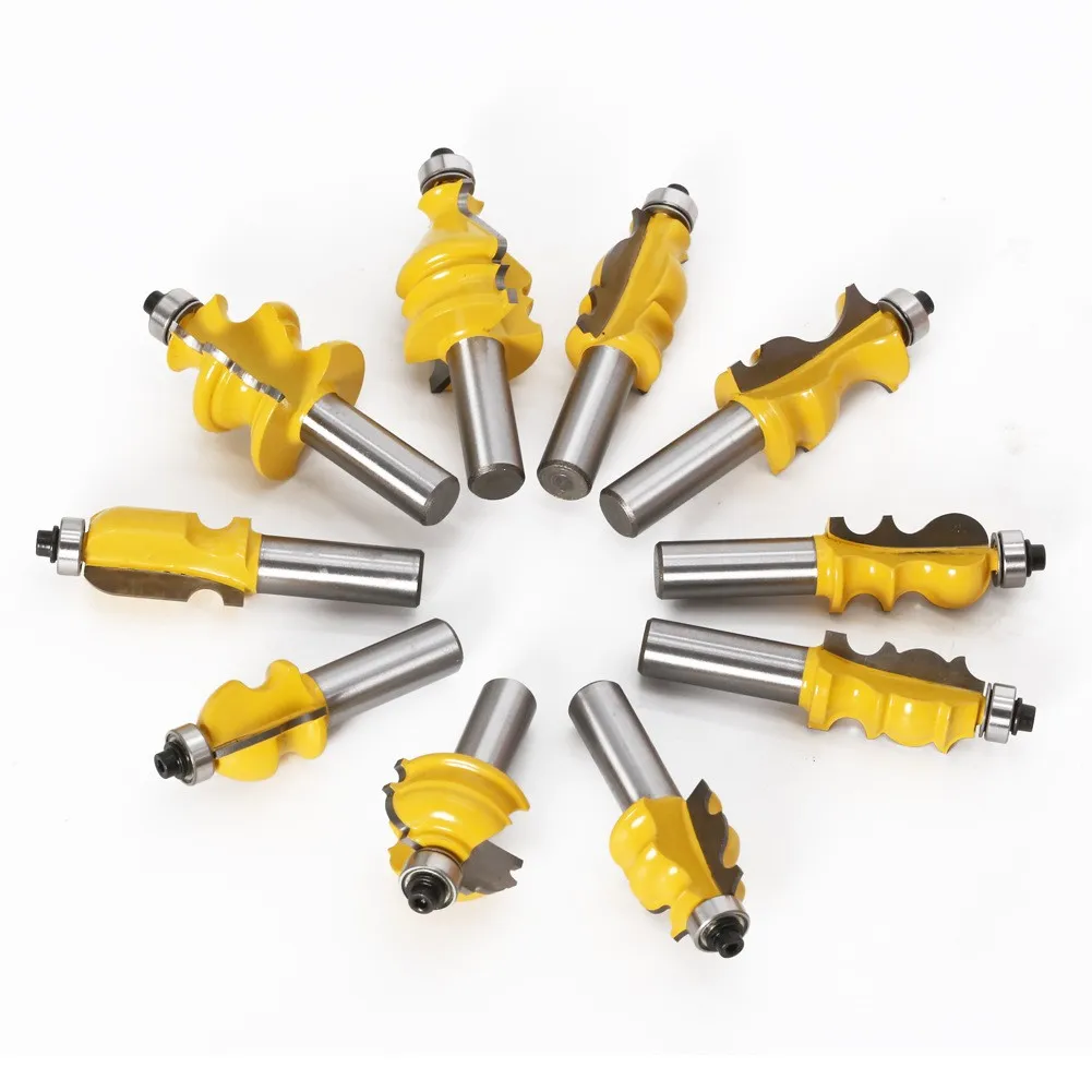 10pcs set 1/2 shank woodworking line handrail end mill lace milling cutter cabinet door top line router bit for carving machine