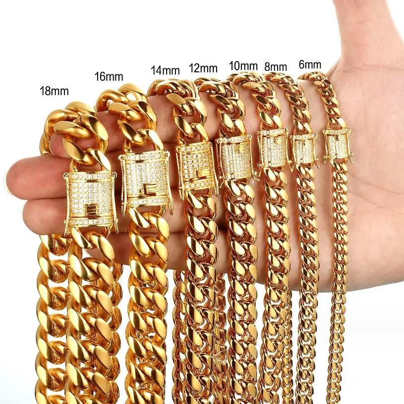 PVD 6-18mm Custom size best seller chain Jewelry Cuban Chain Necklace Iced Cuban Link Necklace 18k Gold Stainless Steel chain